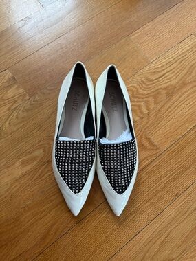 SCHUTZ White Pointed Flats with Black Studded Panel